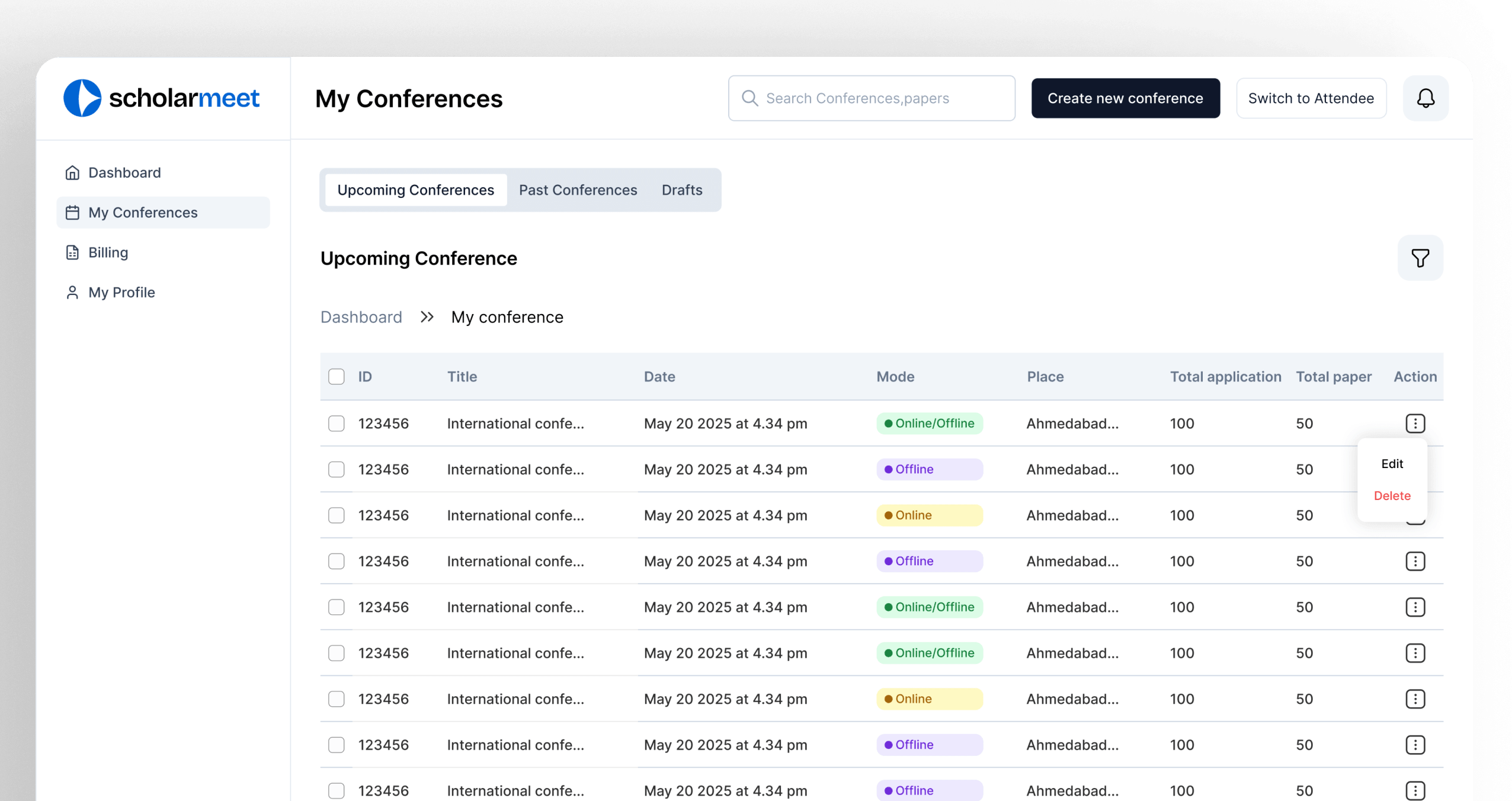 The ScholarMeet dashboard listing upcoming conferences with dates, modes, venues and application counts
