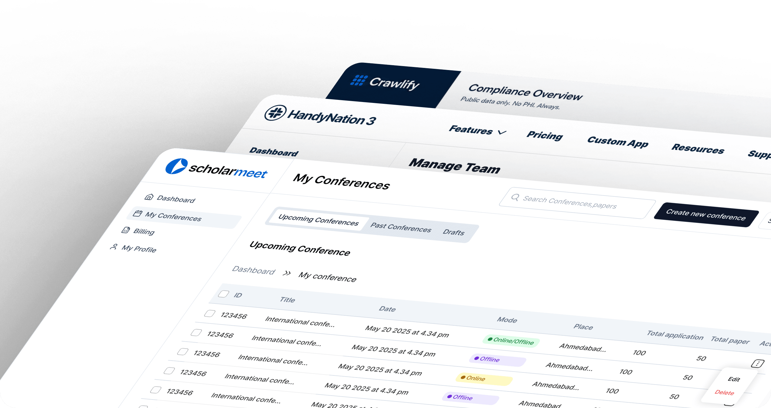 Three Crawlify and partner dashboards layered at an angle — a conference list, a compliance overview and a team manager