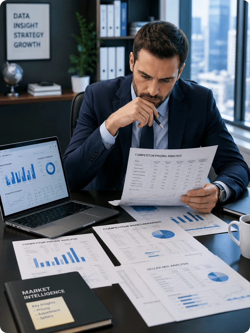 An analyst reviewing competitive pricing reports at a desk