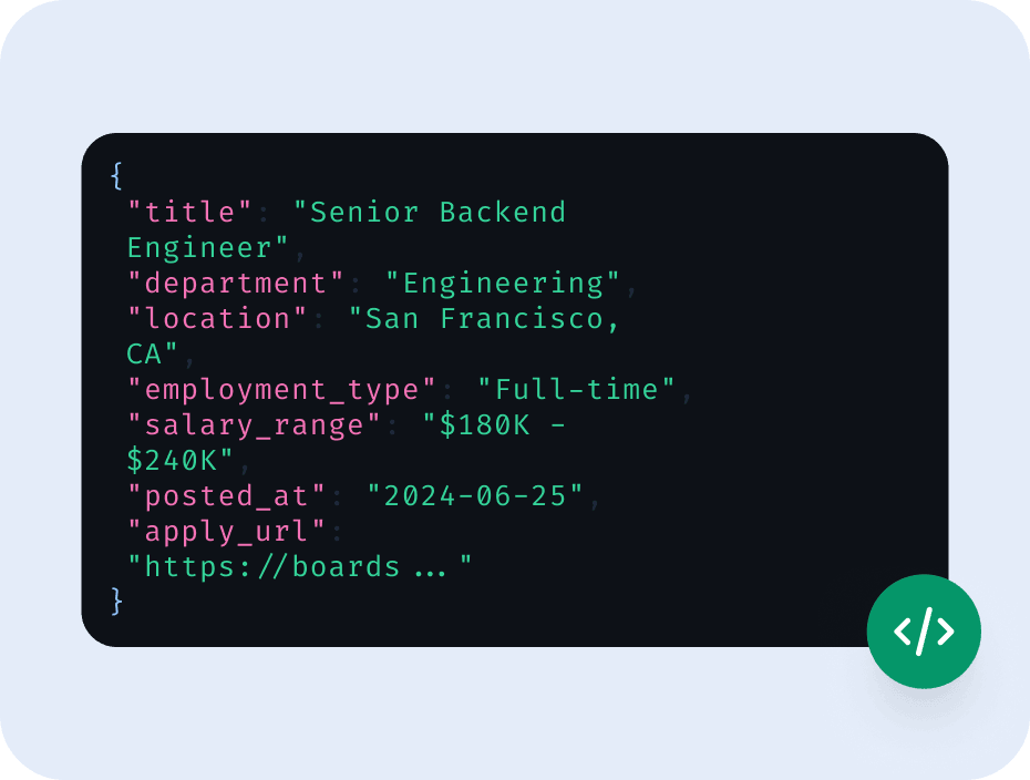 The same posting as a JSON record with title, department, location and salary fields