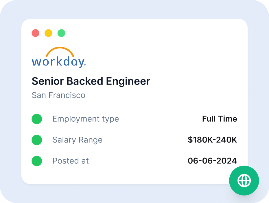 A Workday job card showing title, location, employment type, salary range and posted date