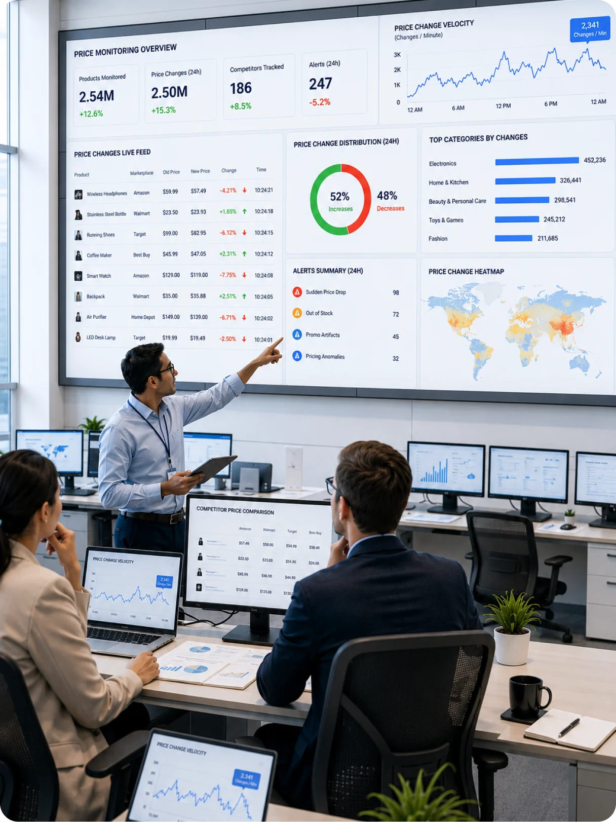 A pricing team watching a live board of millions of daily price changes across competitors