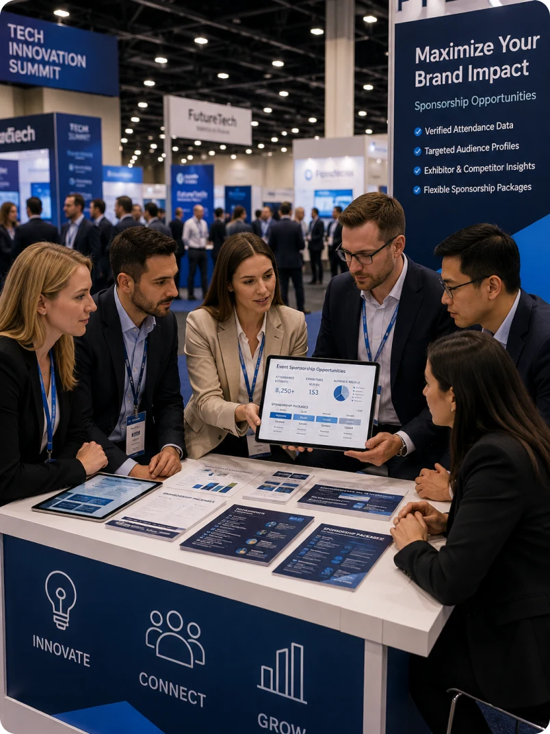 A sponsorship team weighing exhibitor lists and attendance estimates against organizer brochures