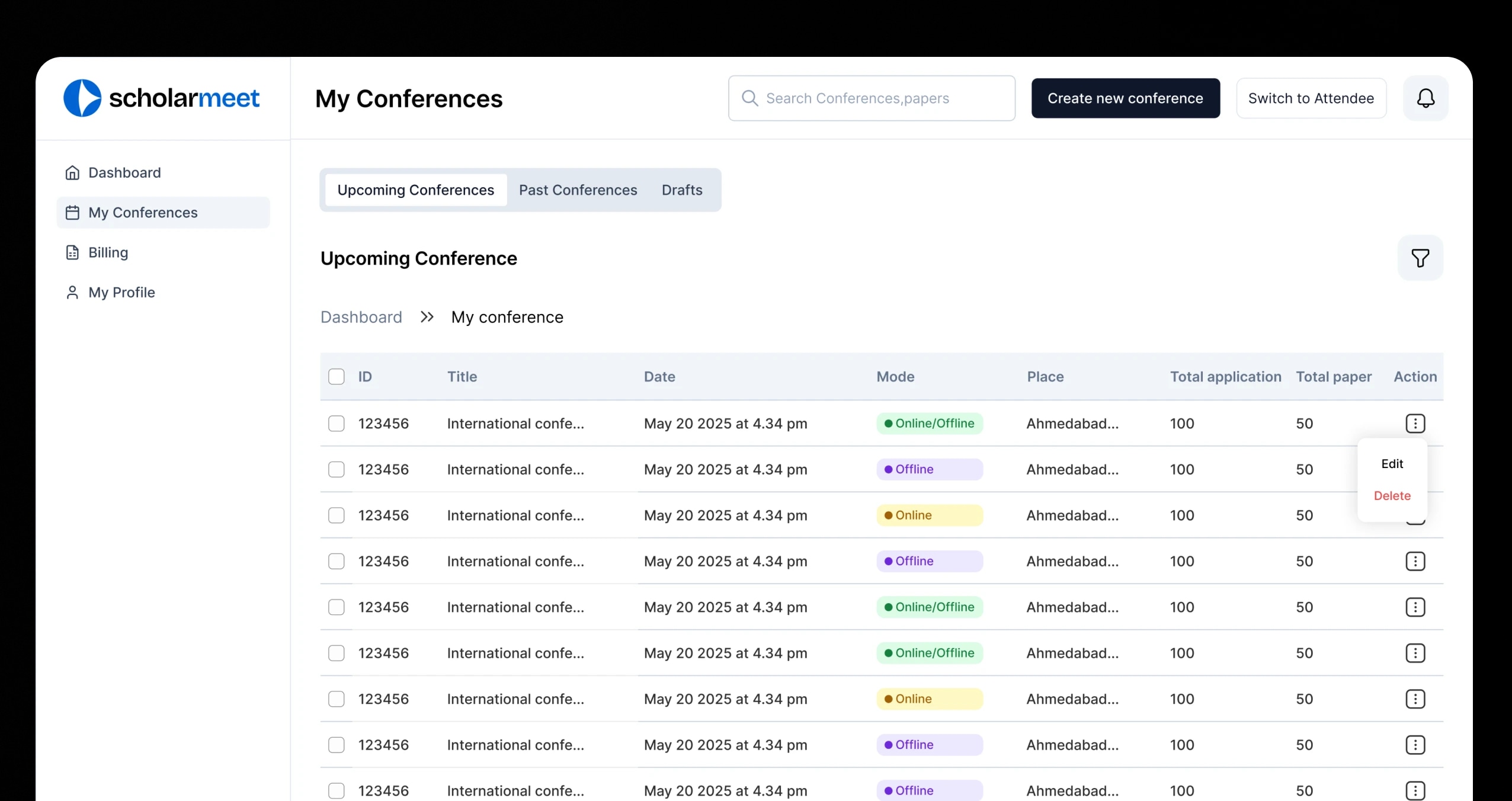 The ScholarMeet dashboard listing upcoming conferences with dates, modes, locations and paper counts