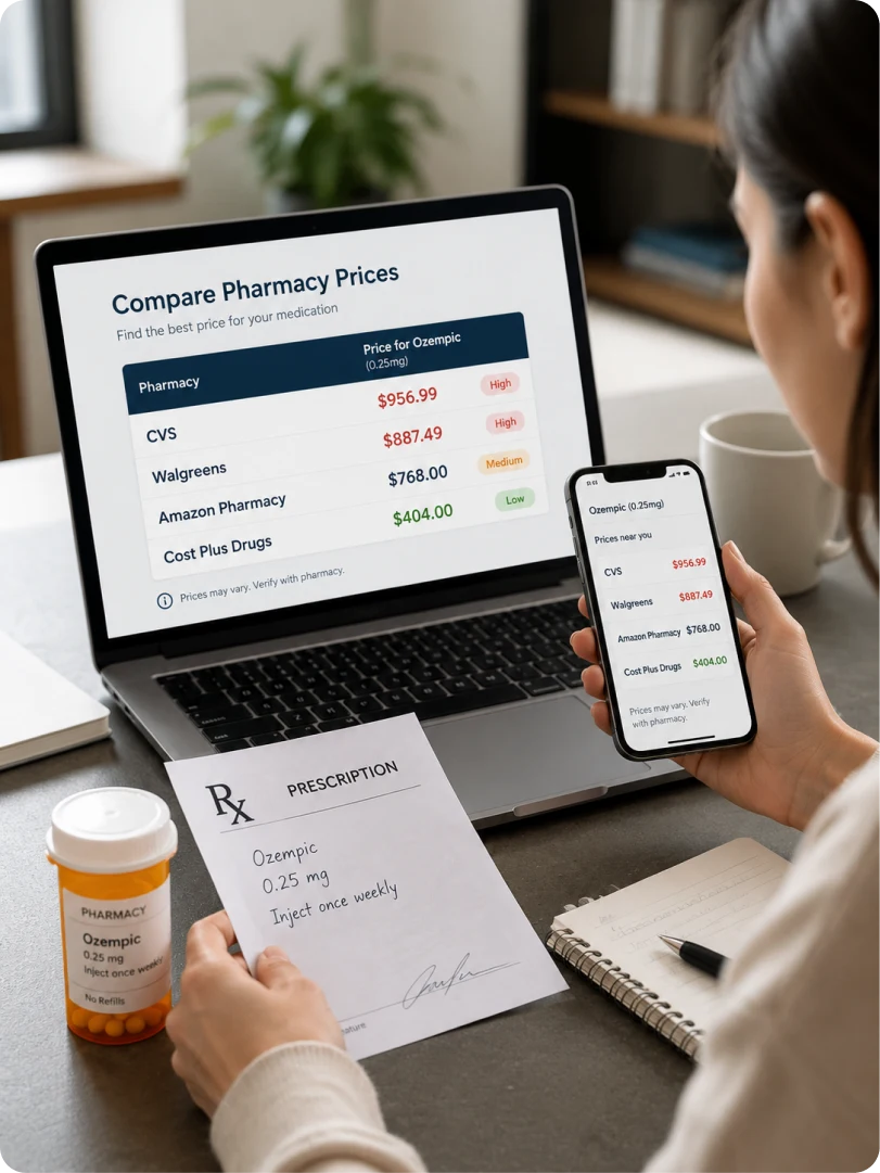 A researcher comparing what a patient actually pays for a drug across CVS, Walgreens, Amazon Pharmacy and Cost Plus Drugs