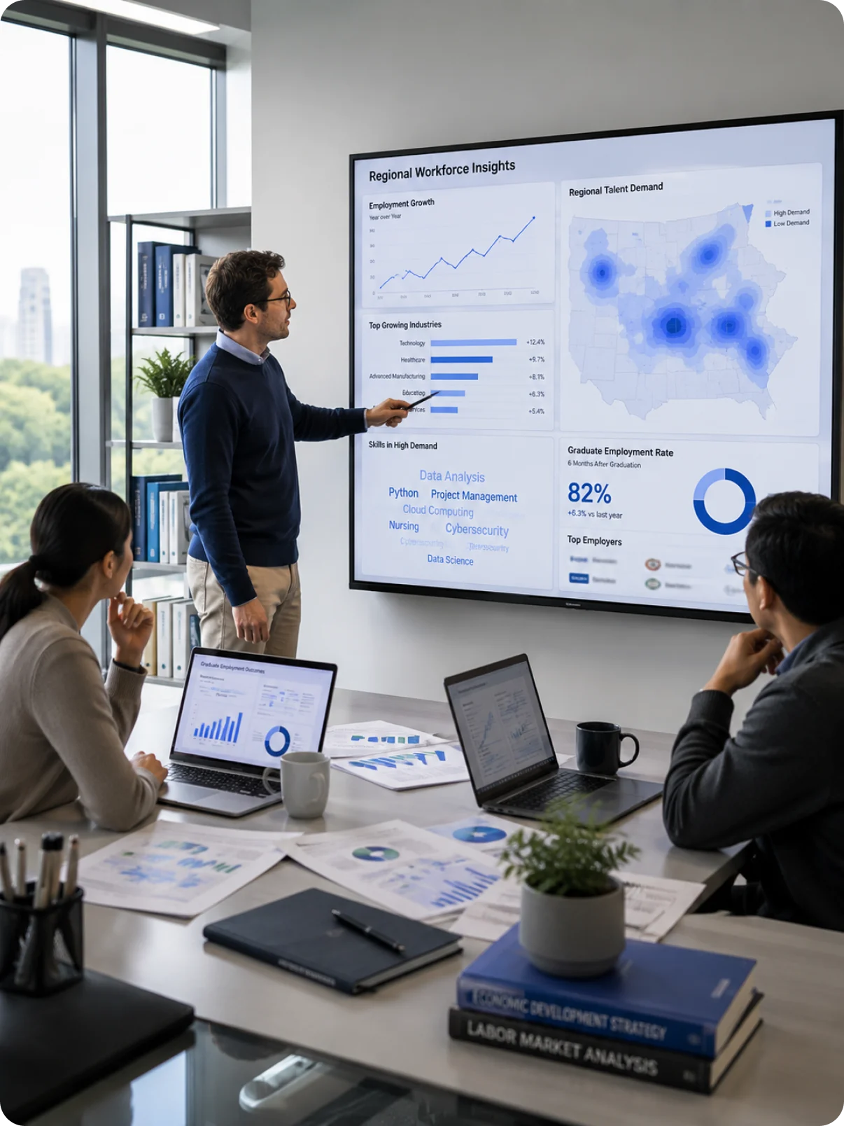A team reviewing regional labor-market demand trends on a screen