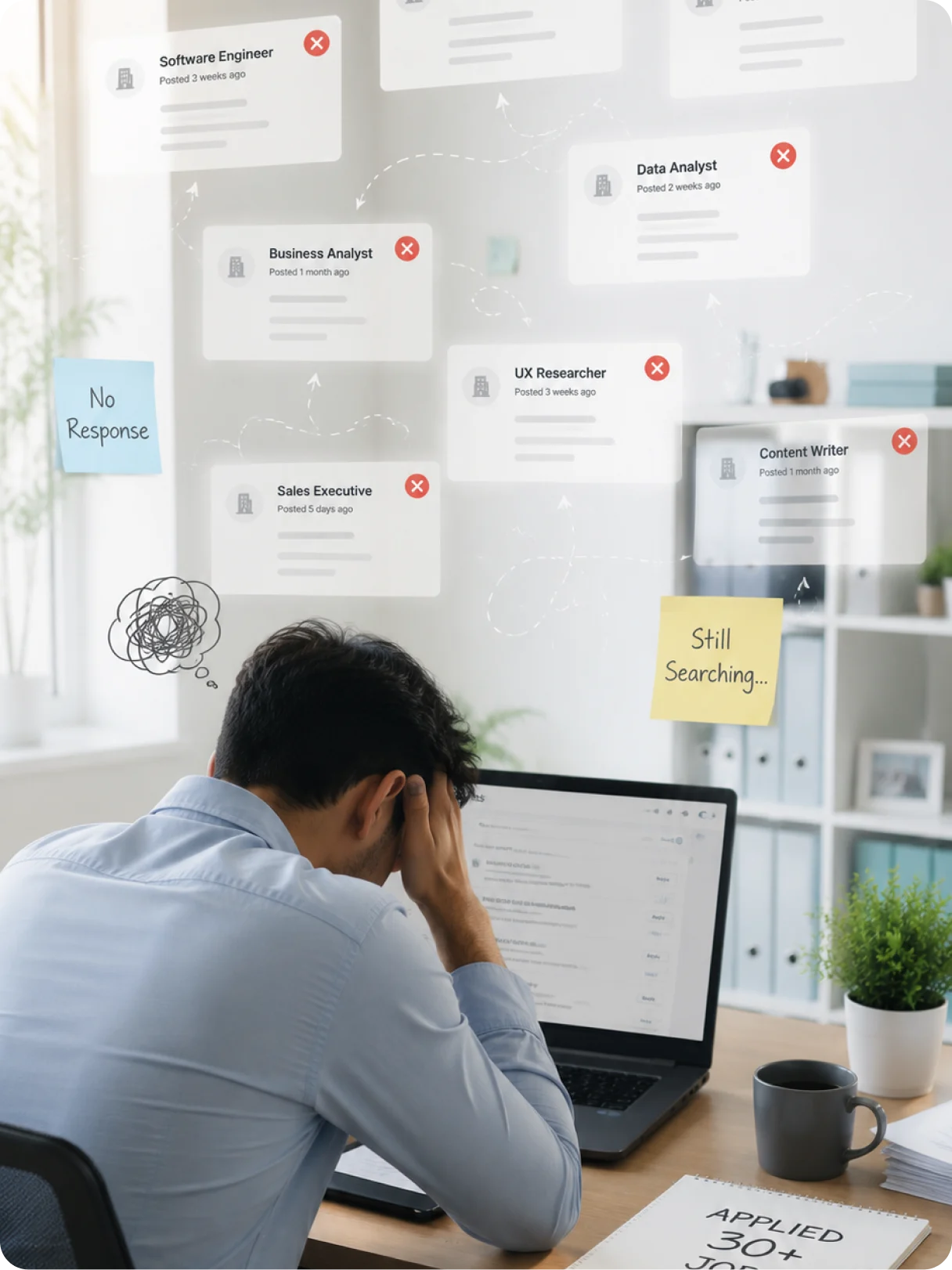 A candidate at a desk facing a wall of job postings marked as no longer open