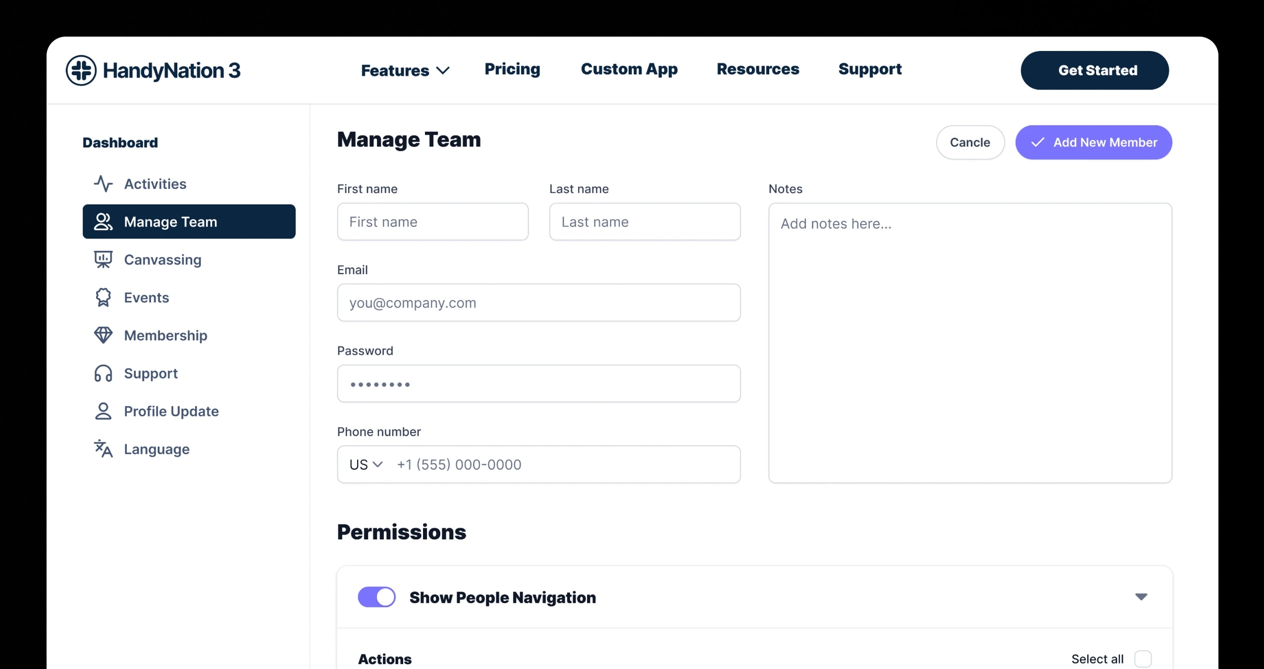 The NationBuilder team-management screen where Crawlify delivers verified legislative and ballot-measure records as tagged profiles