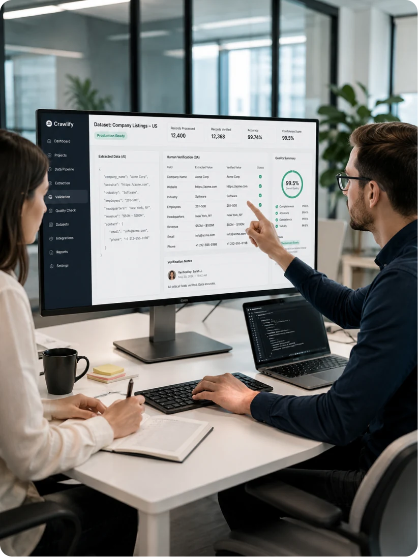 Two colleagues reviewing a Crawlify dashboard of verified company listings, its quality score reading 99.5%