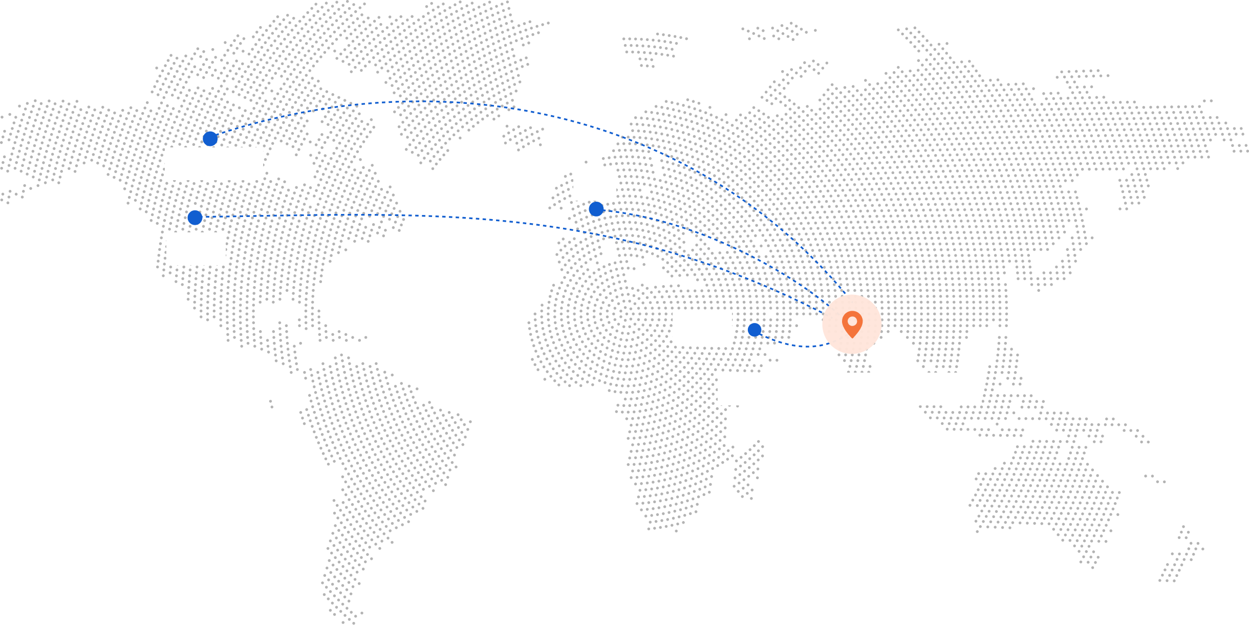 A world map with arcs running from Canada, the USA, the UK and the UAE back to a marker on Ahmedabad