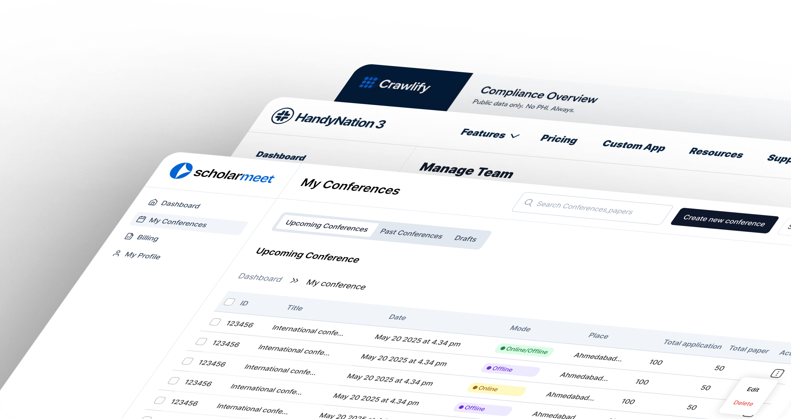 Three Crawlify and partner dashboards layered at an angle — a conference list, a compliance overview and a team manager