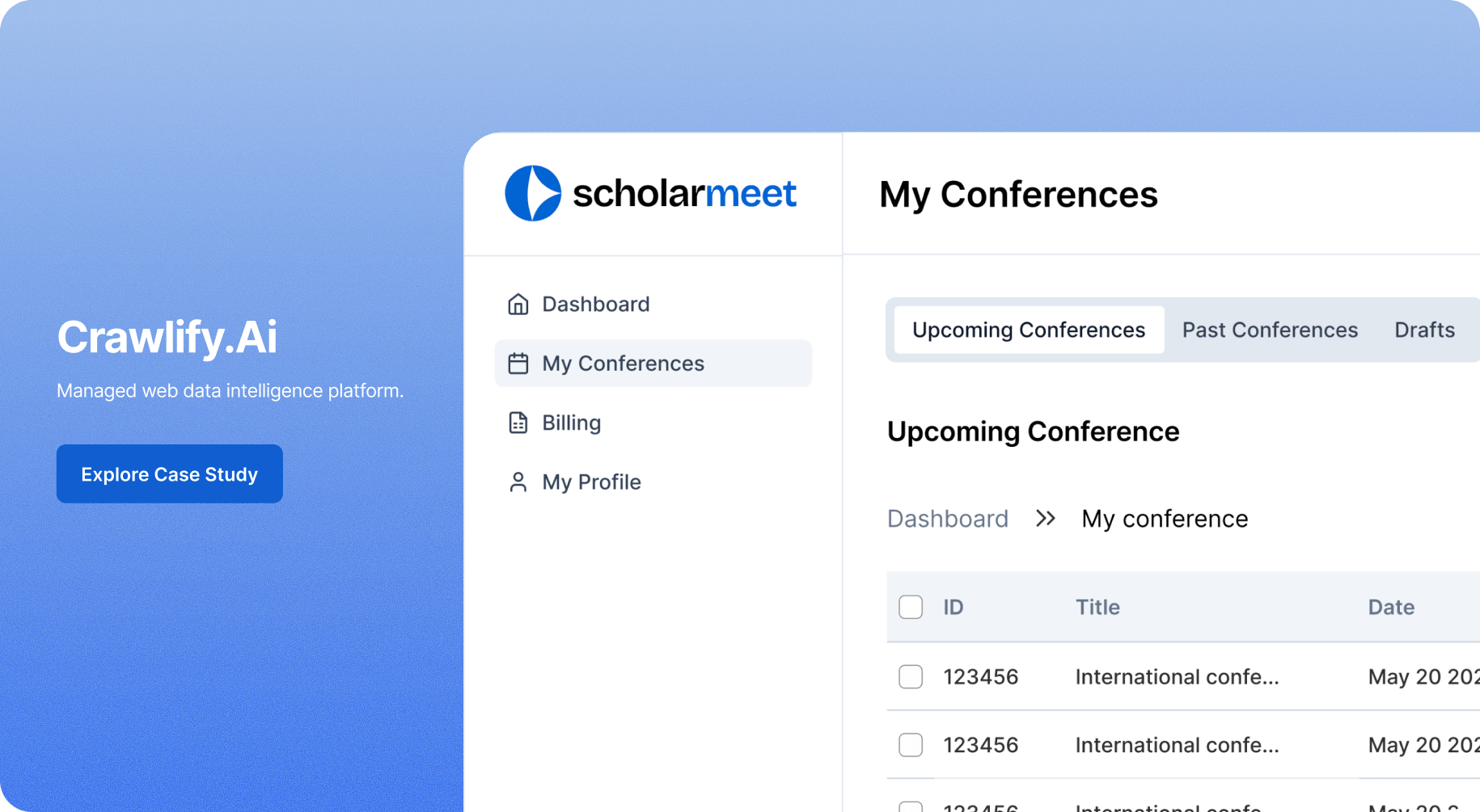 The ScholarMeet conference dashboard beside a Crawlify data card