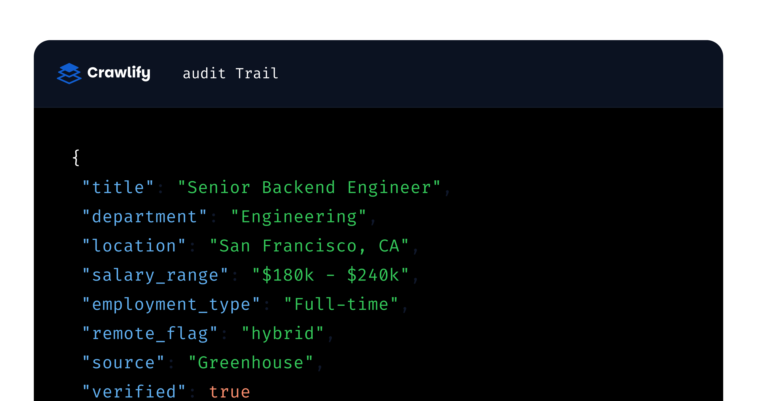 A verified Crawlify record open in an audit trail panel, listing its fields and its source