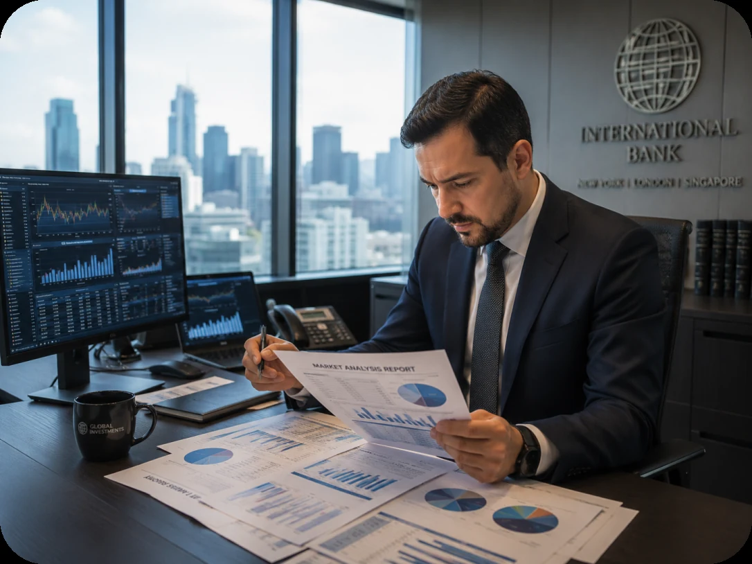 An analyst at a desk of monitors reviewing printed performance reports against a market dashboard