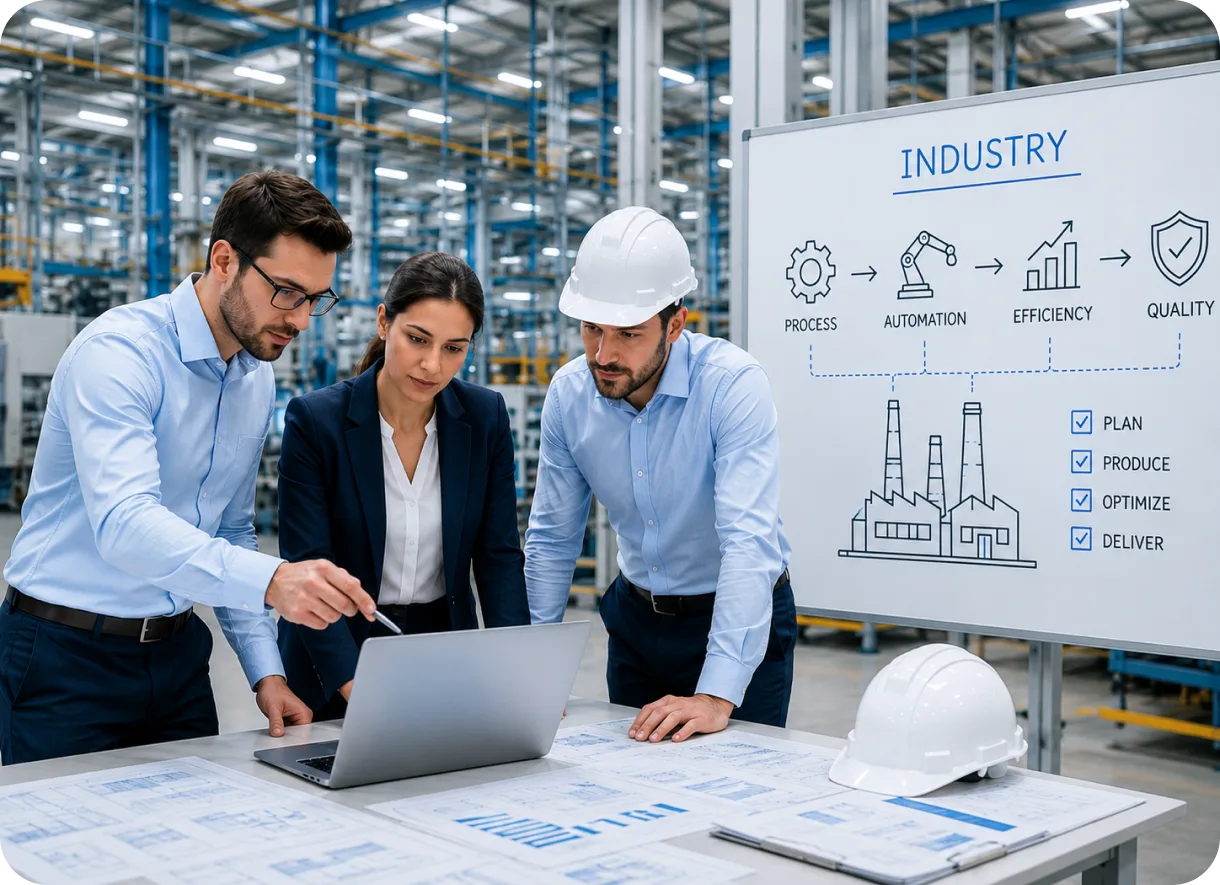 An engineering team reviewing an industry process diagram on a factory floor