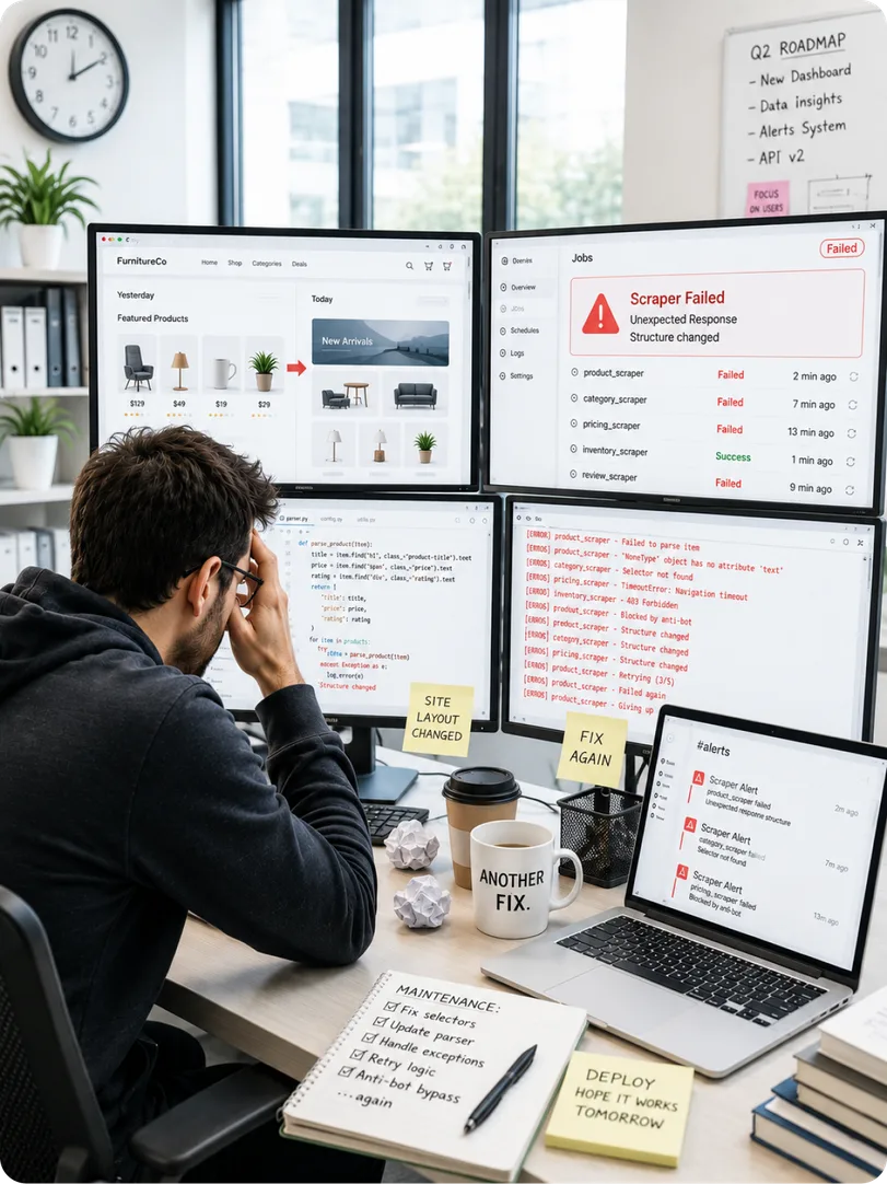 An engineer surrounded by monitors showing failed scraper runs and site-layout-changed alerts
