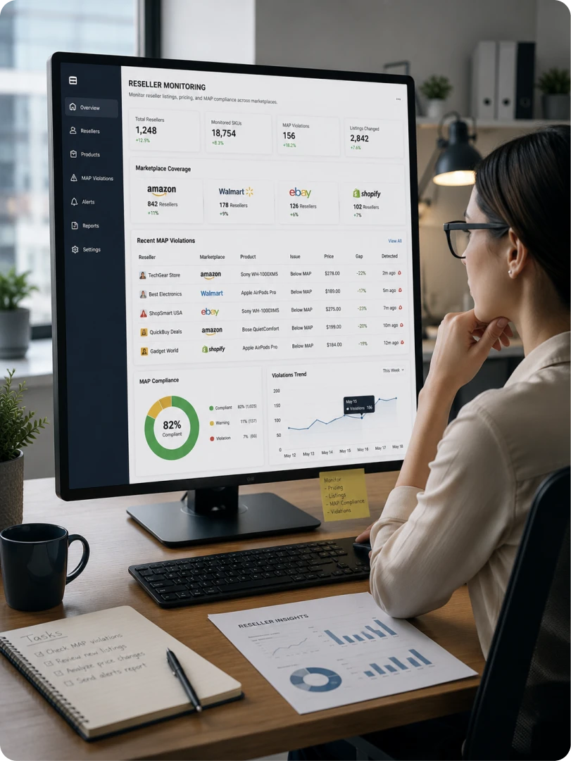A reseller monitoring dashboard showing marketplace coverage and MAP violations
