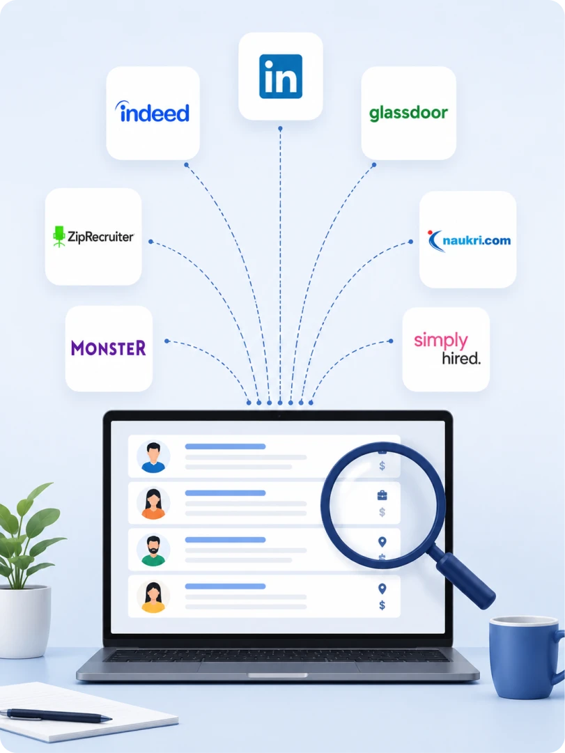 Job board logos feeding into a single searchable listings view