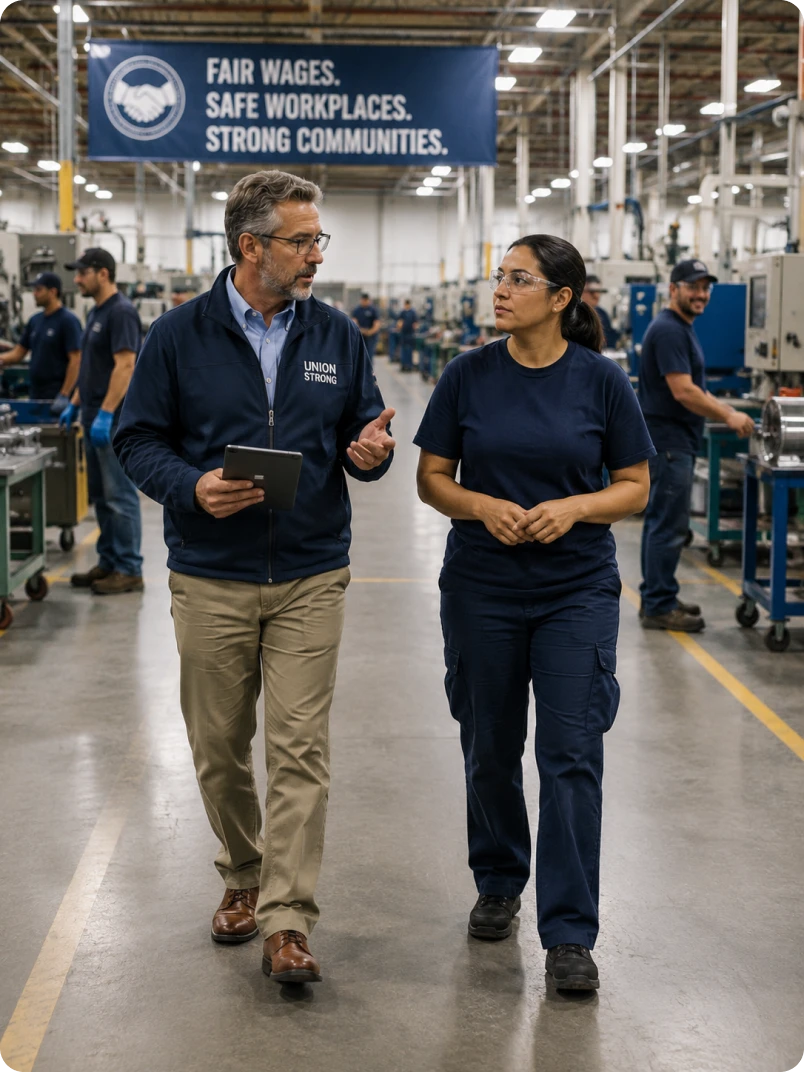 Two researchers walking a factory floor beneath a fair-wages banner