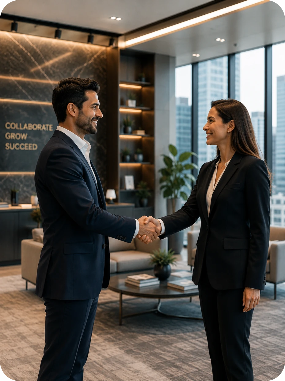 Two professionals shaking hands in a modern office, representing a compliant, responsible data partnership