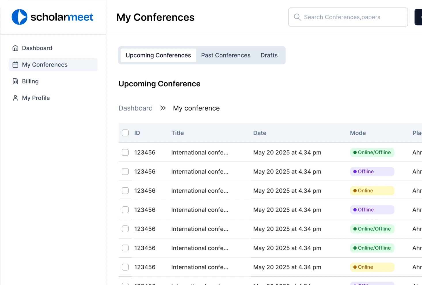 The ScholarMeet dashboard listing upcoming conferences with dates, modes and locations