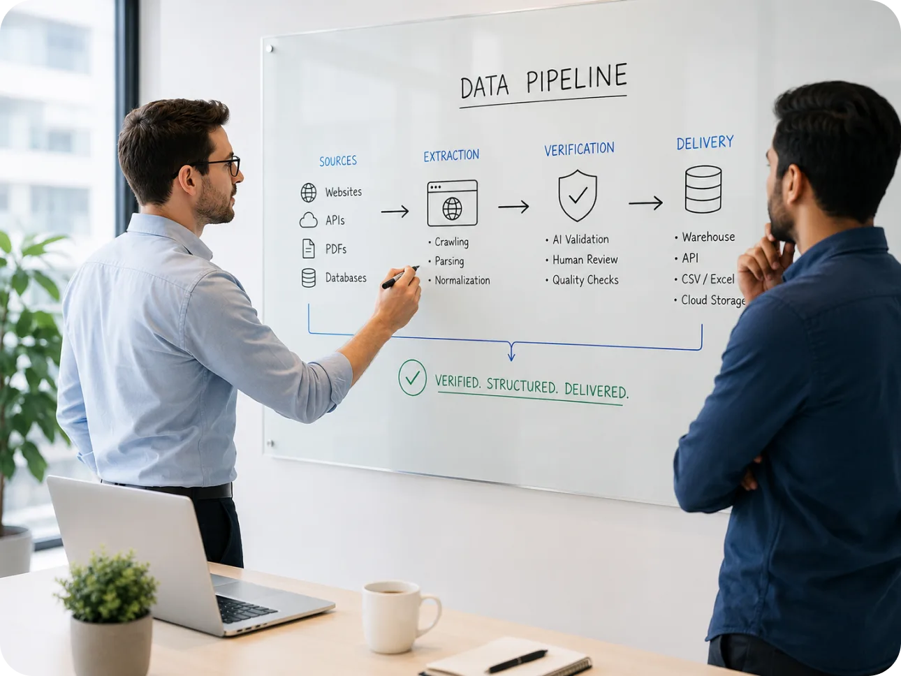 Two colleagues at a whiteboard mapping a data pipeline from sources through extraction and verification to delivery