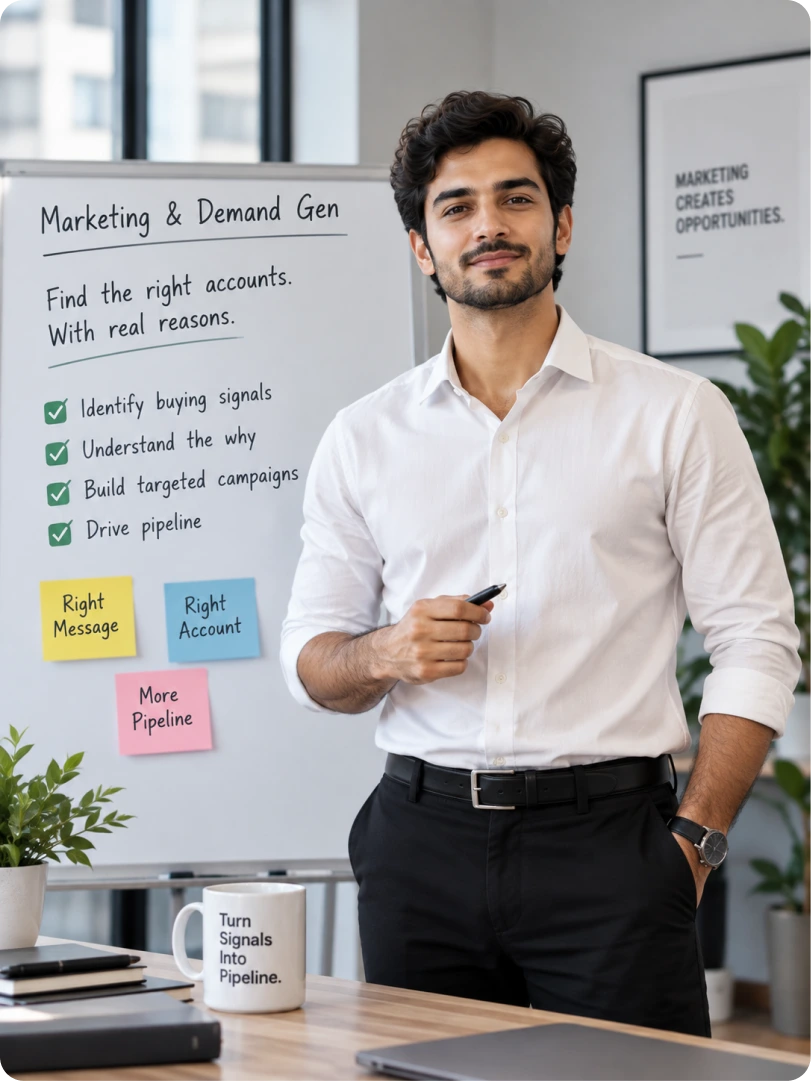 A demand generation marketer holding a marker at a whiteboard reading "Find the right accounts. With real reasons." with a checklist and sticky notes