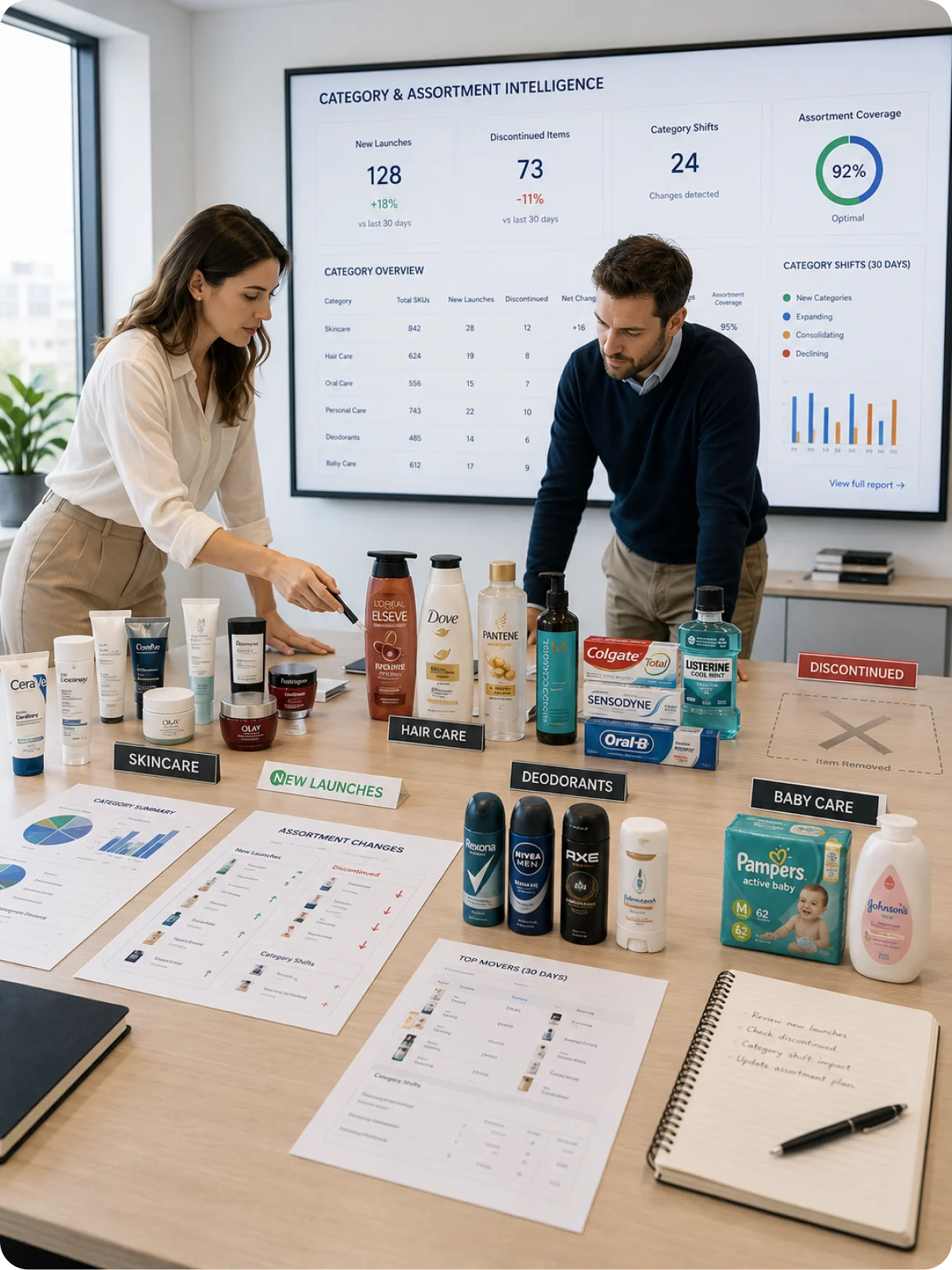 Category managers comparing competitor launches, discontinuations and assortment shifts