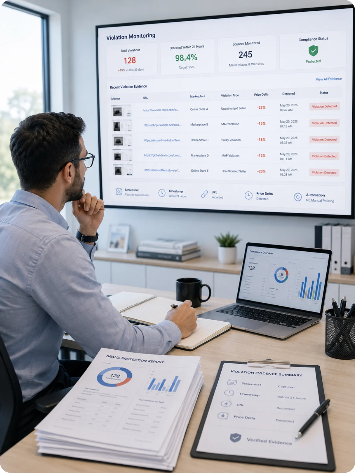 A brand manager reviewing MAP violation evidence packets with source URLs and timestamps