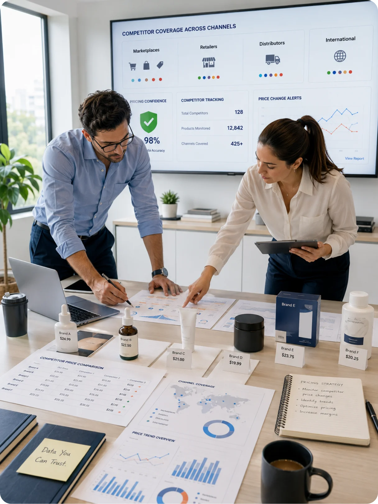 A pricing team reviewing verified competitor prices across channels on a wall display