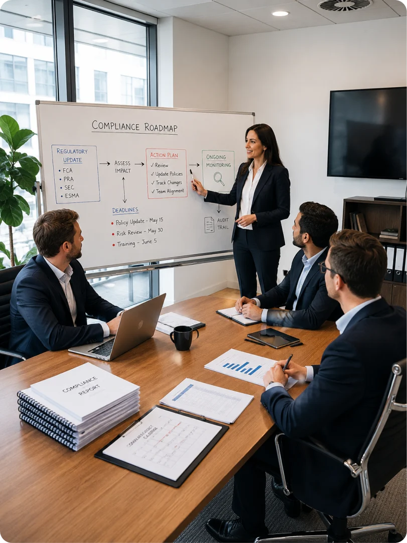 A compliance team routing rulebook amendments and enforcement deadlines into their regulatory calendar