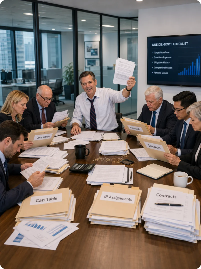 A private-equity deal team running structured due diligence across a portfolio of targets