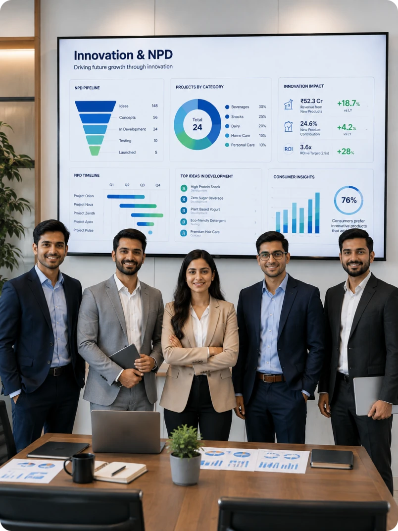 An innovation and NPD team in front of a pipeline board running from ideas through concepts, development and testing to launch
