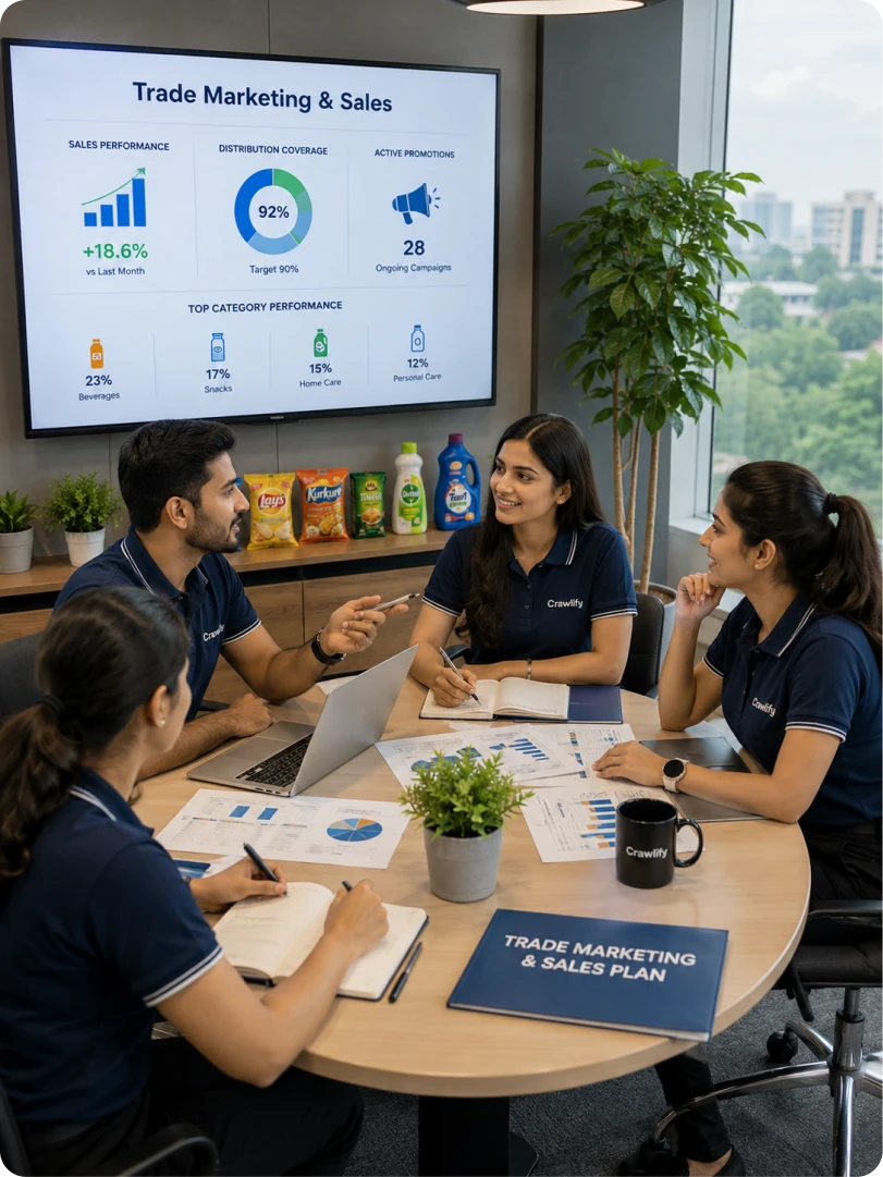 A trade marketing and sales team working through distribution coverage and category performance against a sales plan