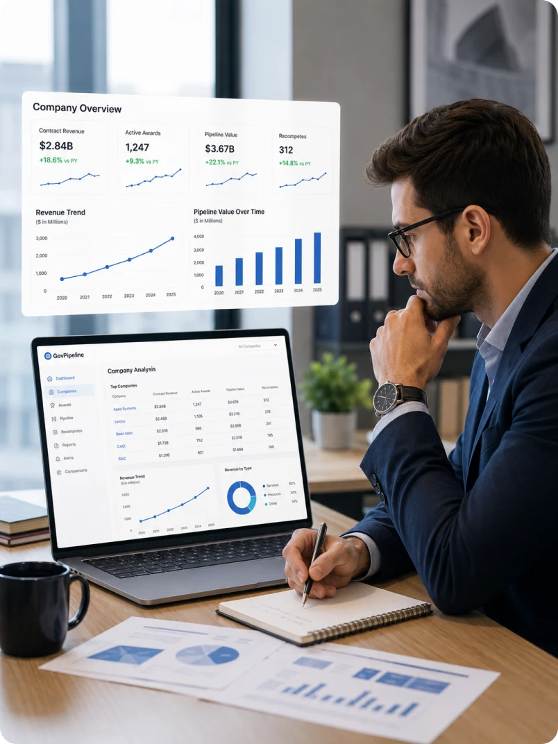 An investment team using contract awards and recompetes as a leading revenue indicator by company