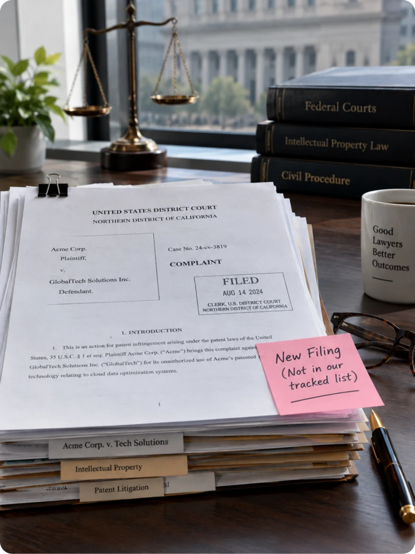A stack of court filing documents clipped together, stamped FILED, beside a pink sticky note reading New Filing (Not in our tracked list), law books and a mug reading Good Lawyers Better Outcomes