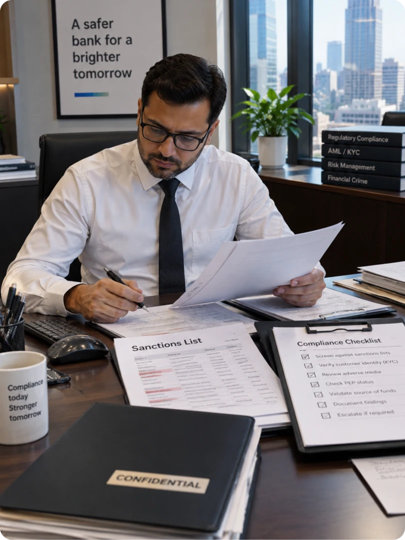 A compliance officer reviewing a sanctions list and a compliance checklist covering KYC, adverse media, and PEP status at a desk with regulatory compliance binders