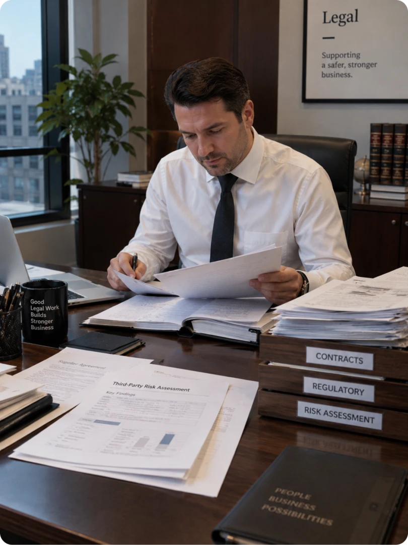 An in-house counsel reviewing a third-party risk assessment at a desk with binders labelled Contracts, Regulatory, and Risk Assessment