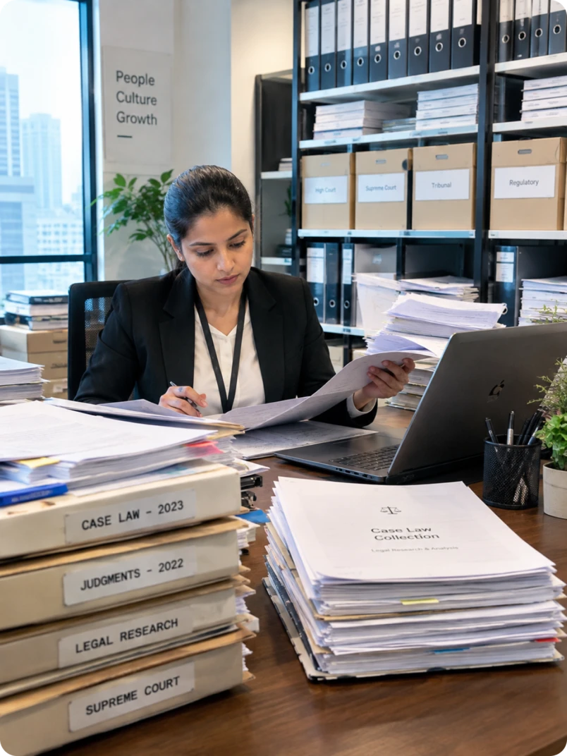 A legal researcher reviewing a case law collection beside shelves of binders labelled Case Law 2023, Judgments 2022, Legal Research, and Supreme Court