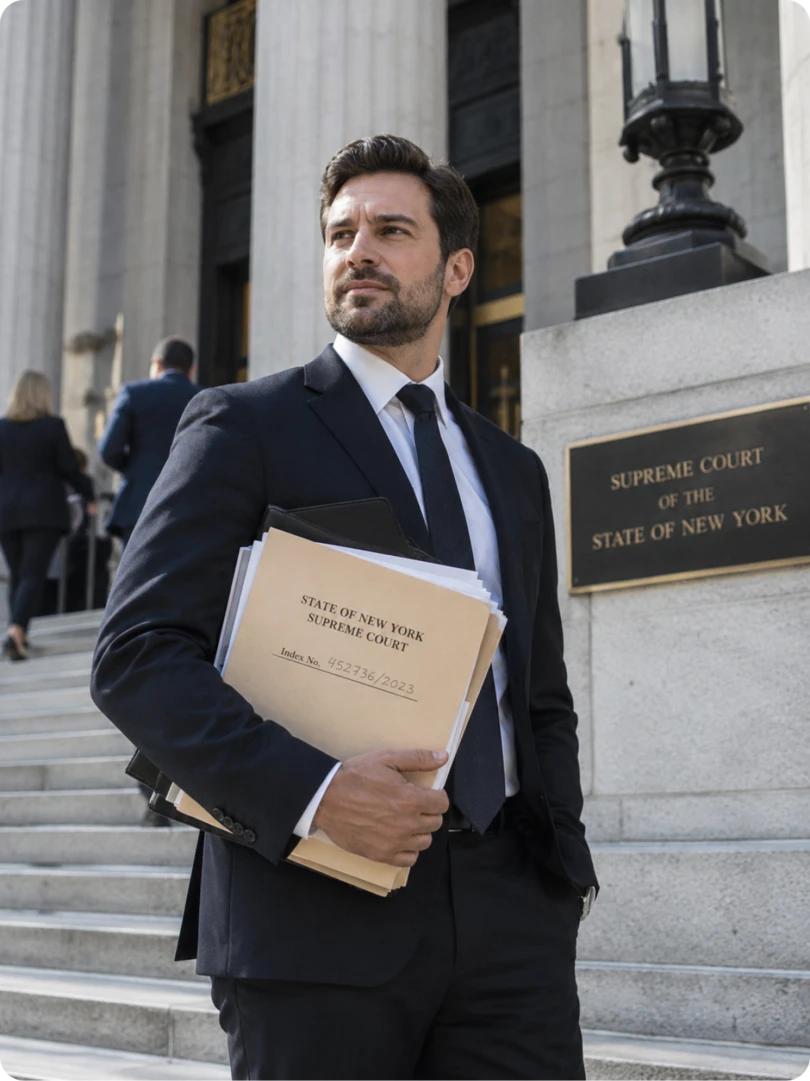 A litigator standing on courthouse steps holding case filing documents beside a Supreme Court of the State of New York plaque