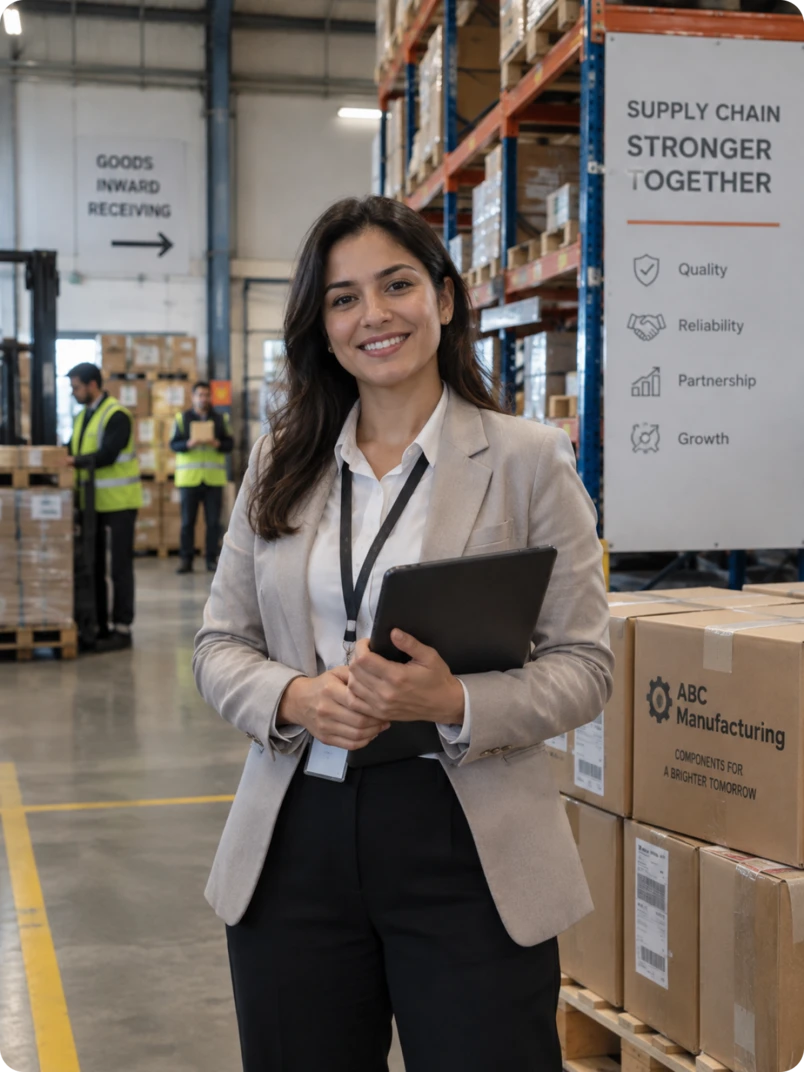 A supply-chain risk manager standing in a warehouse beside pallets of components and a Supply Chain Stronger Together sign