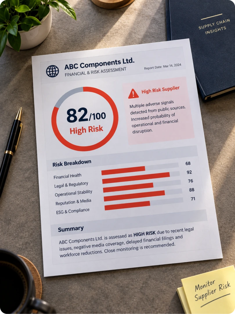 A financial and risk assessment report for ABC Components Ltd showing an 82 out of 100 High Risk score, a risk breakdown across financial health, legal and regulatory, operational stability, reputation and media, and ESG and compliance, beside a sticky note reading Monitor Supplier Risk