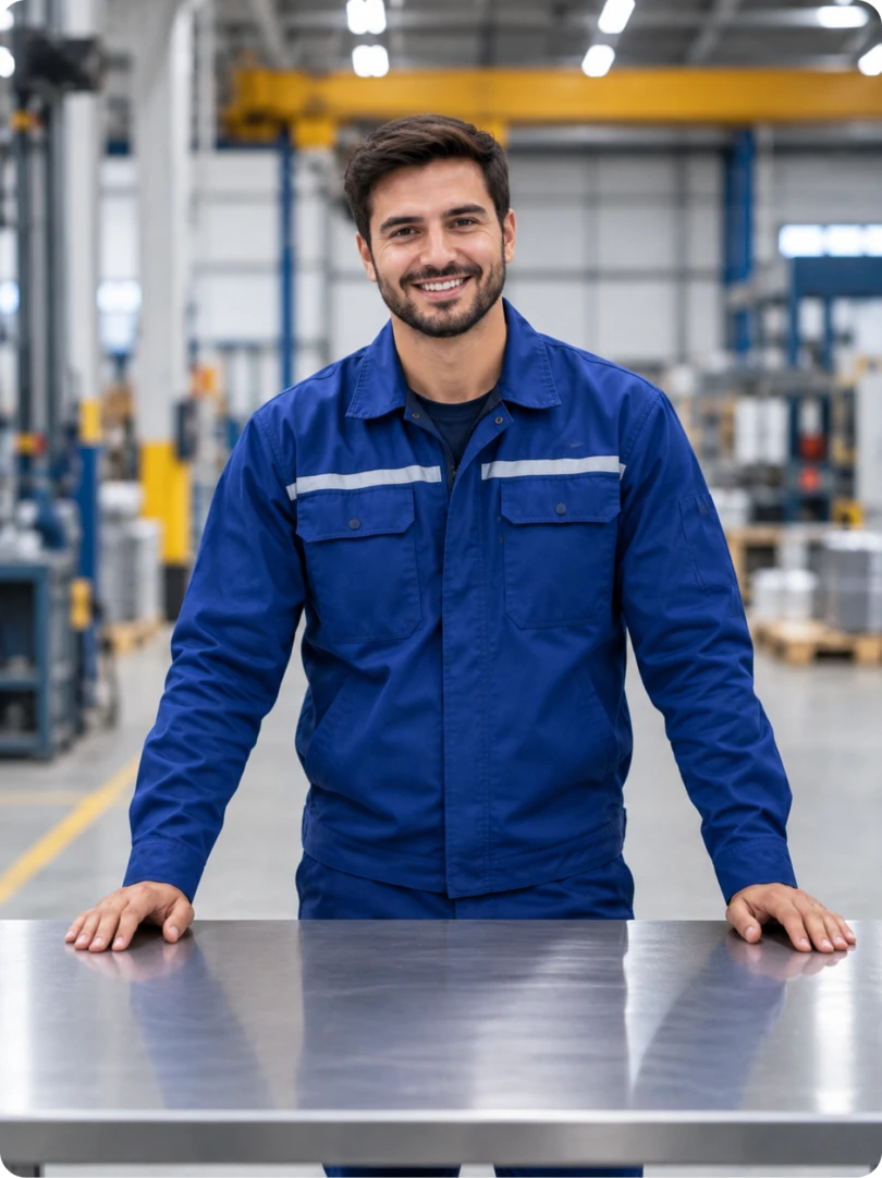 A smiling factory worker in a blue uniform standing at a stainless steel table on a manufacturing floor with overhead cranes and racking in the background