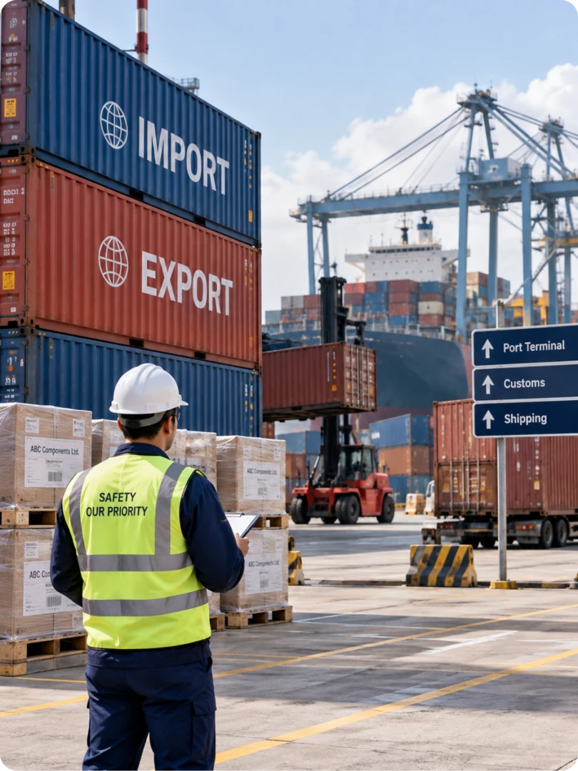 A port worker in a high-visibility vest and hard hat holding a clipboard at a shipping terminal, beside stacked import and export containers, a forklift, and signage for Port Terminal, Customs and Shipping