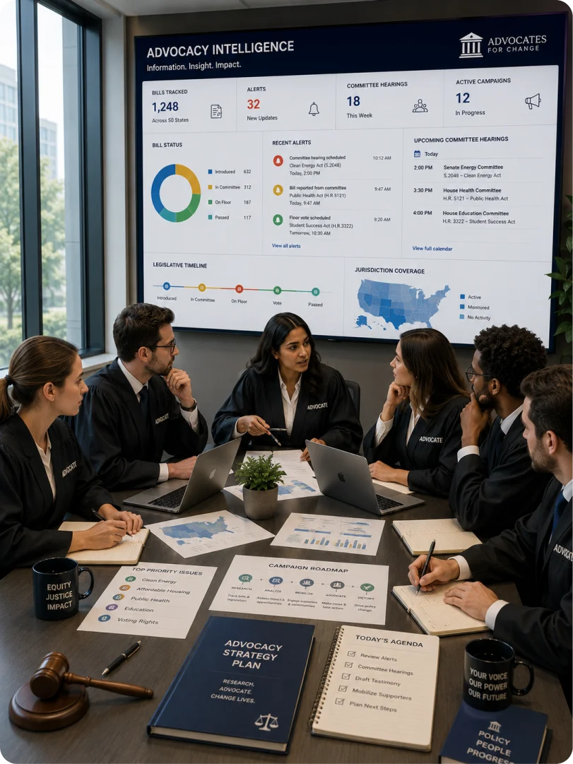 An advocacy organisation tracking an issue across federal, state and municipal jurisdictions
